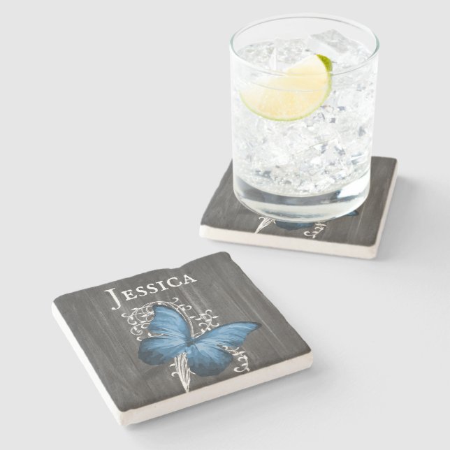 Blue Rustic Butterfly Personalised Stone Coaster (Side)