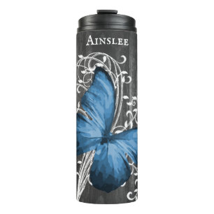 Blue Rustic Butterfly Personalised Thermal Tumbler