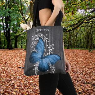 Blue Rustic Butterfly Personalised Tote Bag