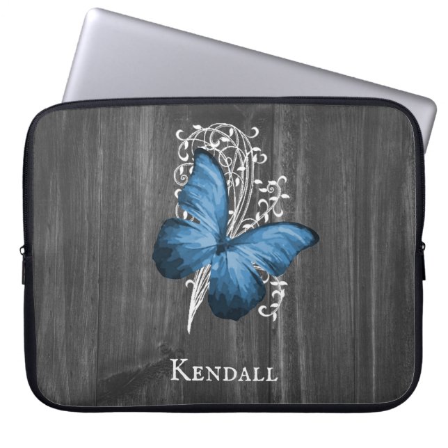 Blue Rustic Butterfly Personalized Laptop Sleeve (Front)