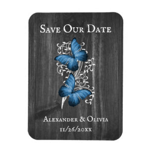 Blue Rustic Butterfly Save The Date Magnet