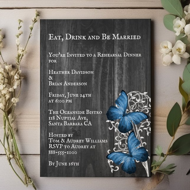 Blue Rustic Butterfly Wedding Rehearsal Dinner Invitation (Blue Rustic Butterfly Wedding Rehearsal Dinner Invitation)