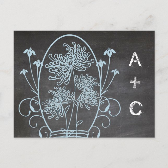 Blue Rustic Chalkboard Mason Jar Menu Choice RSVP (Front)