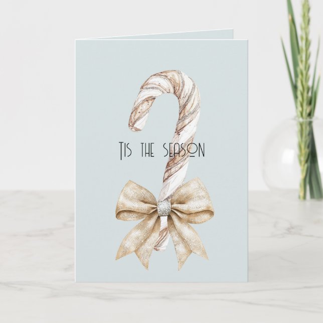 Blue Rustic Christmas Candy Cane Cream Silver Bow Card (Front)