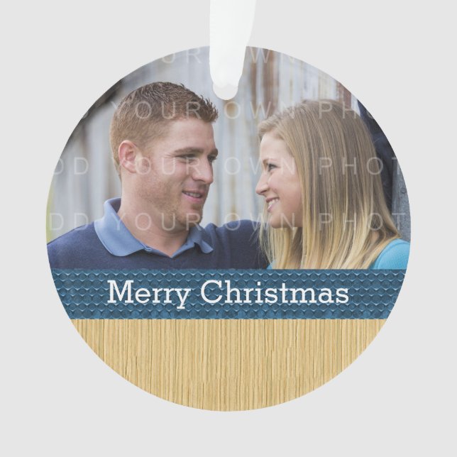 Blue Rustic Christmas Photo Ornament (Front)