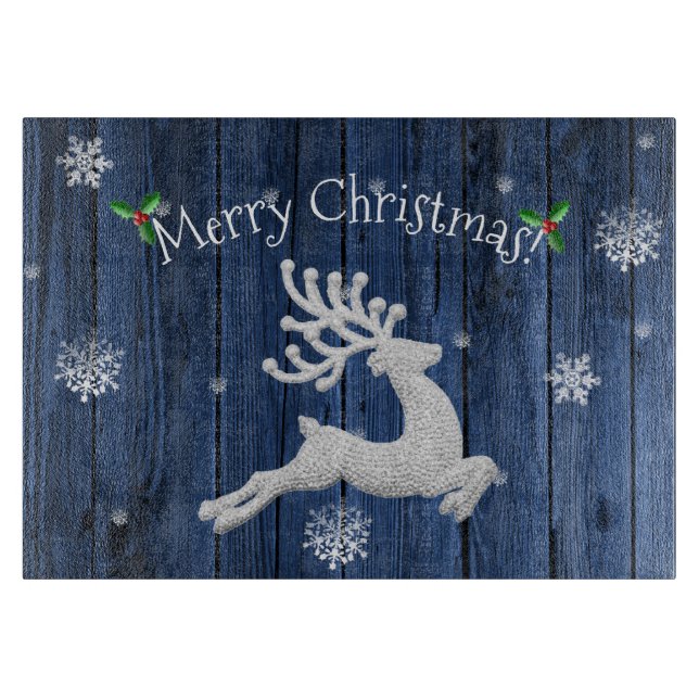 Blue Rustic Christmas Reindeer Cutting Board (Front)