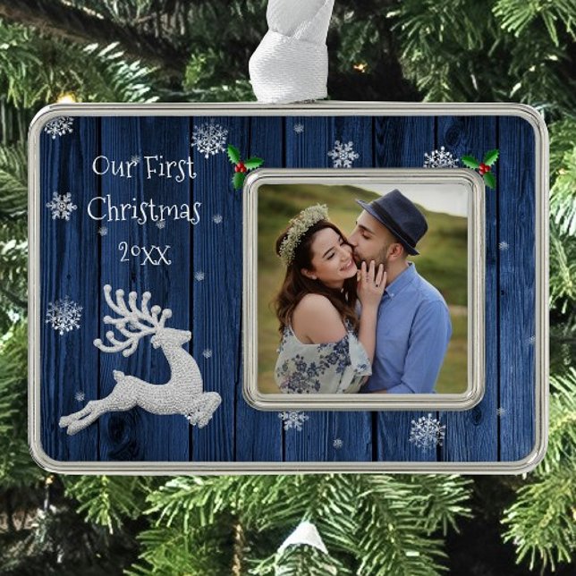 Blue Rustic Christmas Reindeer Framed First Silver Plated Framed Ornament (Blue Rustic Christmas Reindeer Framed First Christmas Ornament)
