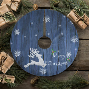 Blue Rustic Christmas Reindeer Holiday Tree Skirt