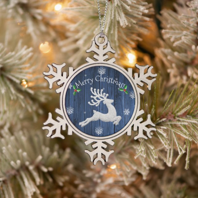 Blue Rustic Christmas Reindeer Snowflake Ornament (Tree)