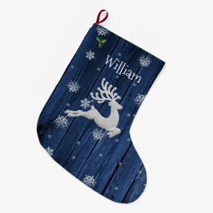 Blue Rustic Christmas Reindeer Stocking