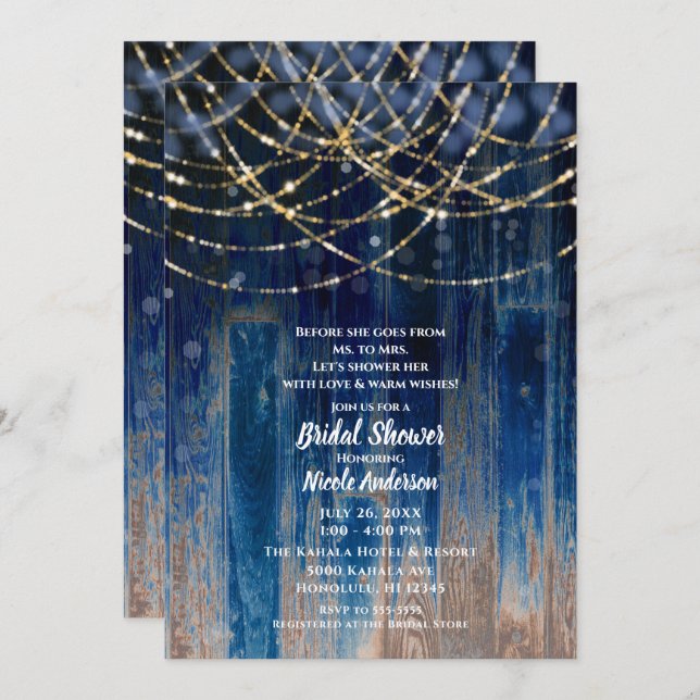 Blue Rustic Coastal Barn Wood Bokeh Bridal Shower Invitation (Front/Back)