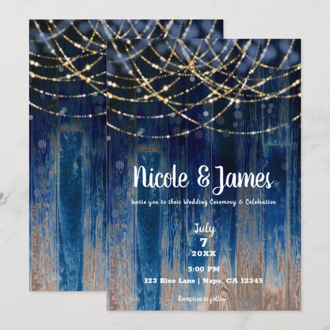 Blue Rustic Coastal Barn Wood Bokeh Light Wedding Invitation (Front/Back)