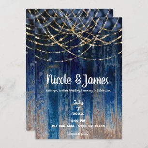 Blue Rustic Coastal Barn Wood Bokeh Light Wedding Invitation