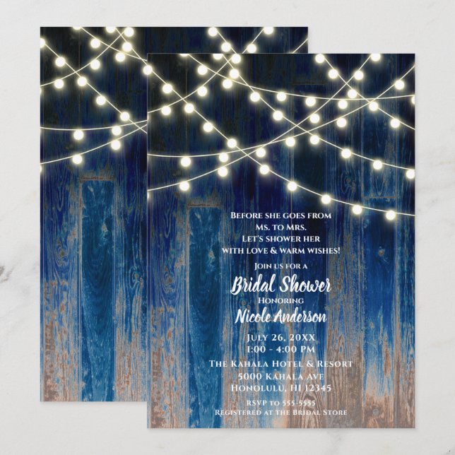 Blue Rustic Coastal Barn Wood Lights Bridal Shower Invitation (Front/Back)