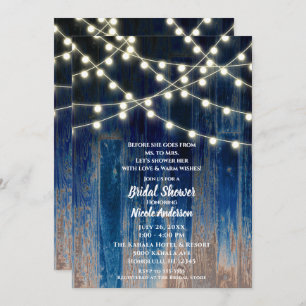 Blue Rustic Coastal Barn Wood Lights Bridal Shower Invitation