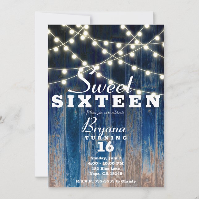 Blue Rustic Coastal Barn Wood & Lights Sweet 16 Invitation (Front)