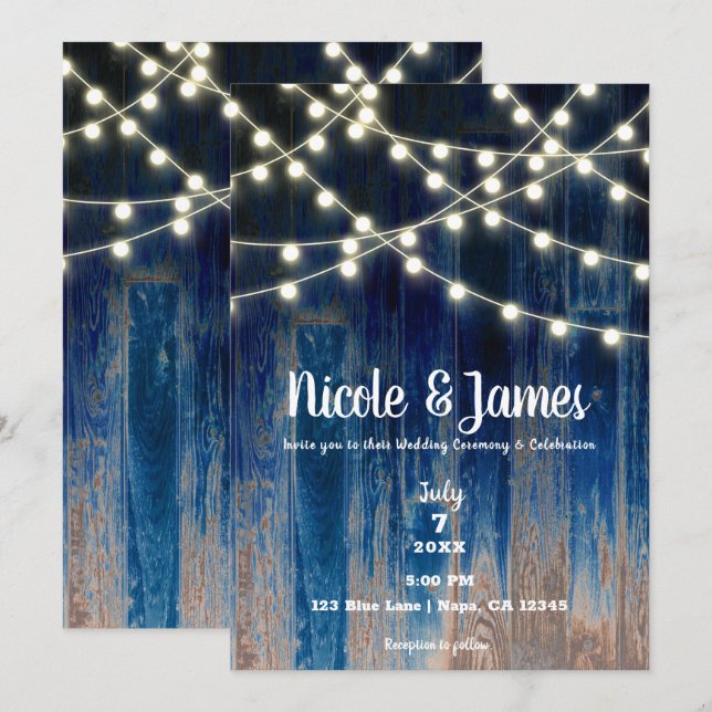 Blue Rustic Coastal Barn Wood & Lights Wedding Inv Invitation (Front/Back)