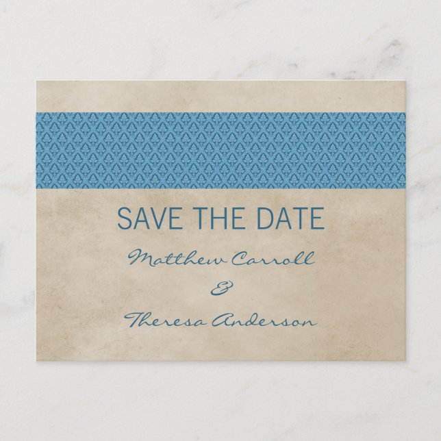 Blue Rustic Damask Save the Date Postcard (Front)