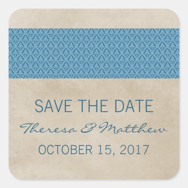 Blue Rustic Damask Save the Date Stickers (Front)