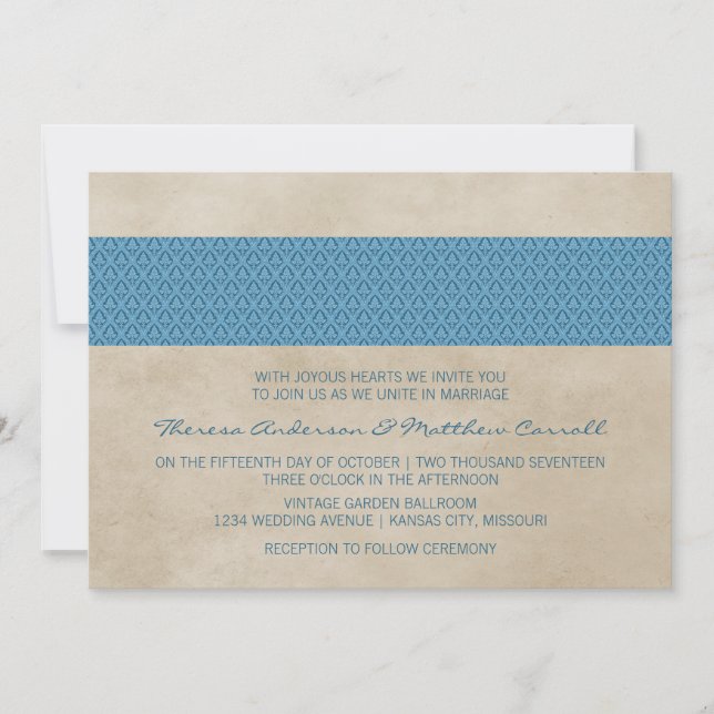 Blue Rustic Damask Wedding Invite (Front)