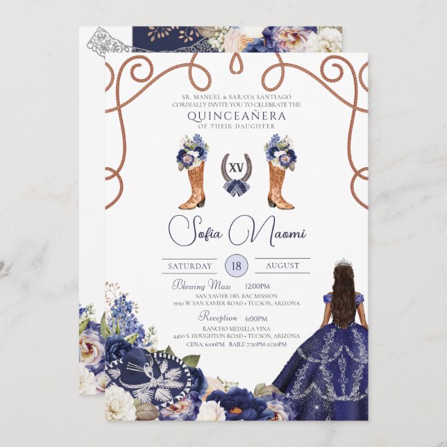 Blue Rustic Floral Charro Photo Quinceañera Invitation (Front/Back)