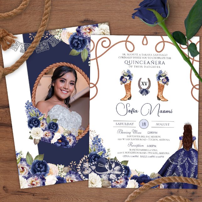 Blue Rustic Floral Charro Photo Quinceañera Invitation (Creator Uploaded)