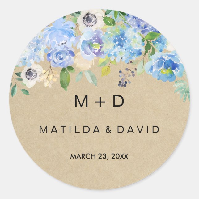 Blue Rustic Floral Wedding Sticker (Front)
