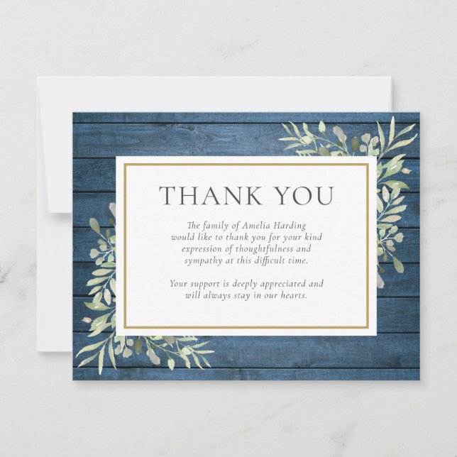 Blue Rustic Greenery Funeral Celebration of Life Thank You Card (Front)