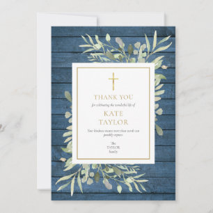 Blue Rustic Greenery Funeral Memorial Gold Cross Thank You Card