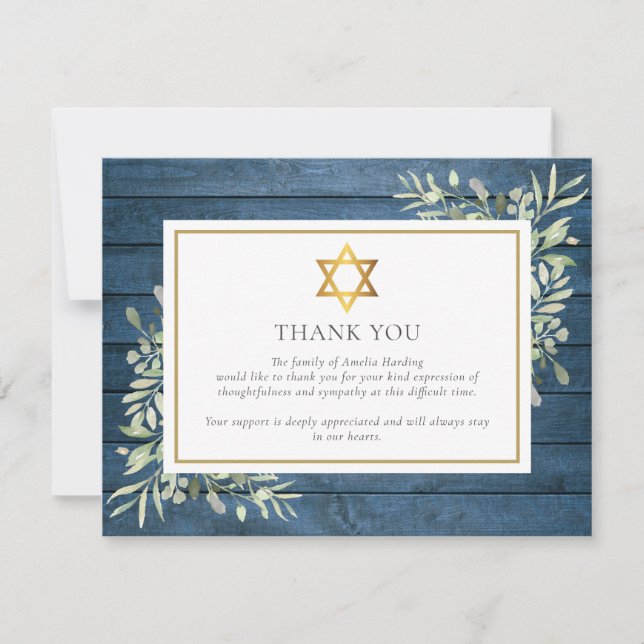 Blue Rustic Greenery Jewish Star Of David Funeral Thank You Card (Front)