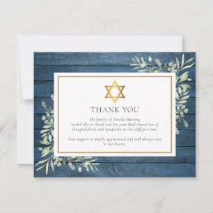 Blue Rustic Greenery Jewish Star Of David Funeral Thank You Card