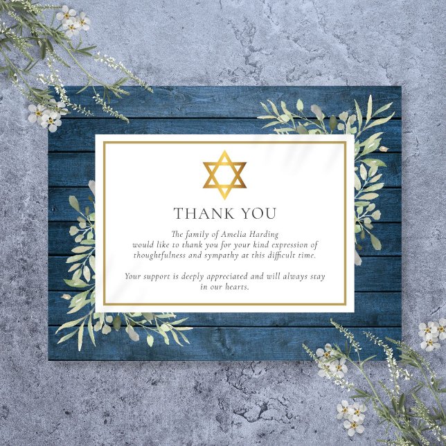 Blue Rustic Greenery Jewish Star Of David Funeral Thank You Card (Blue Rustic Greenery Jewish Star Of David Funeral Thank You Card)