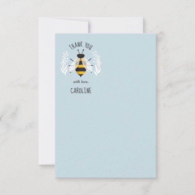 Blue Rustic Illustrated Bee Flat Thank You Note Card (Front)