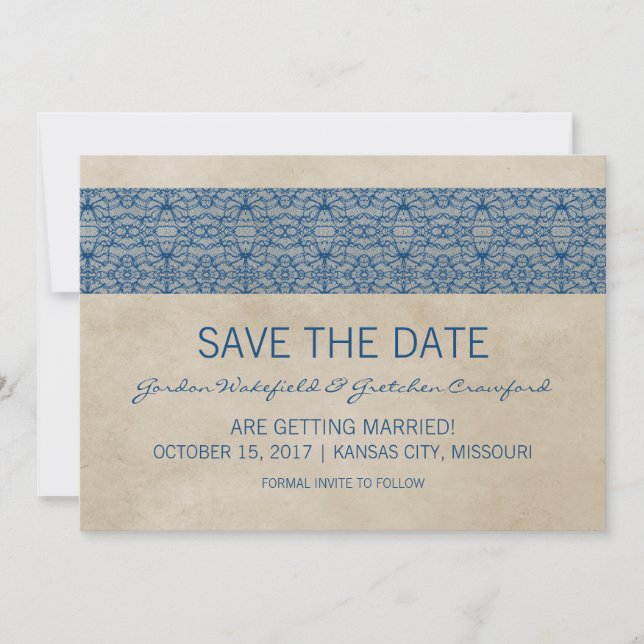 Blue Rustic Lace Save the Date Invite (Front)