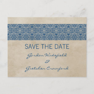 Blue Rustic Lace Save the Date Postcard
