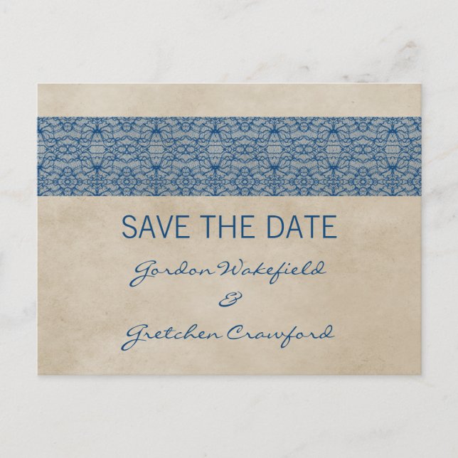 Blue Rustic Lace Save the Date Postcard (Front)