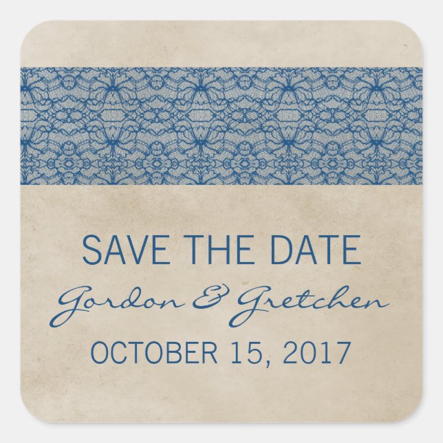 Blue Rustic Lace Save the Date Stickers (Front)