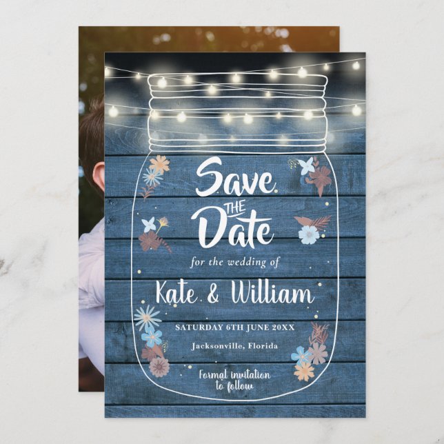 Blue Rustic Mason Jar String Lights Floral Photo Save The Date (Front/Back)