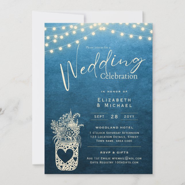 Blue Rustic Mason Jar Wedding DIGITAL Print Invitation (Front)