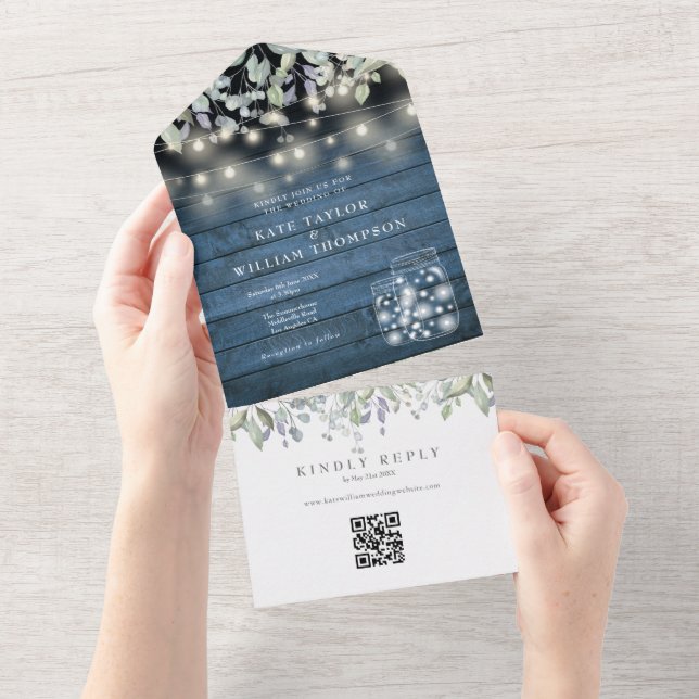 Blue Rustic Mason Jars Lights QR Code Wedding All In One Invitation (Tearaway)