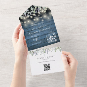 Blue Rustic Mason Jars Lights QR Code Wedding All In One Invitation