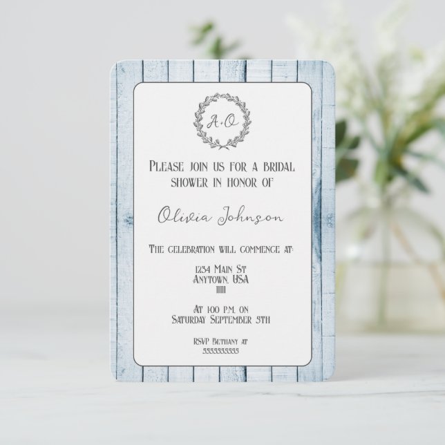 Blue Rustic Monogram Bridal Shower Invitation (Standing Front)