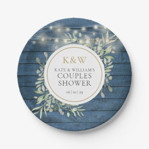 Blue Rustic Monogram Greenery Couples Shower Paper Plate