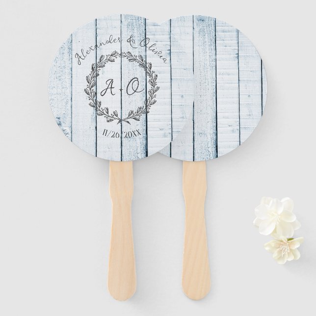 Blue Rustic Monogram Wedding Favour Hand Fan (Front and Back)