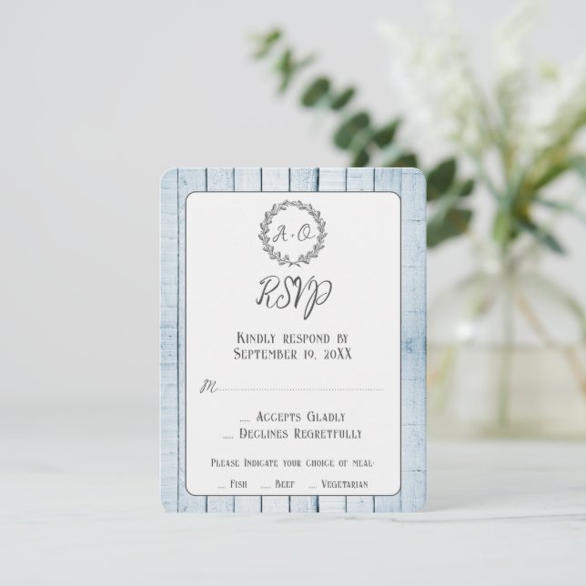 Blue Rustic Monogram Wedding RSVP Card (Standing Front)