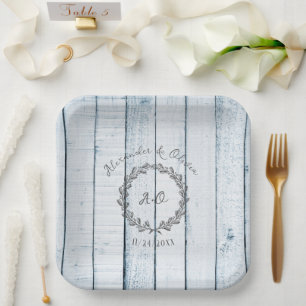 Blue Rustic Monogram Wedding Shower Paper Plates