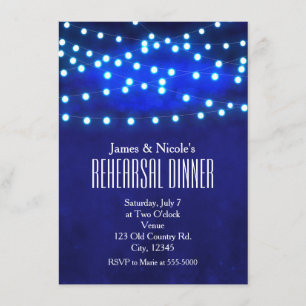 Blue Rustic Night String Lights Rehearsal Dinner Invitation