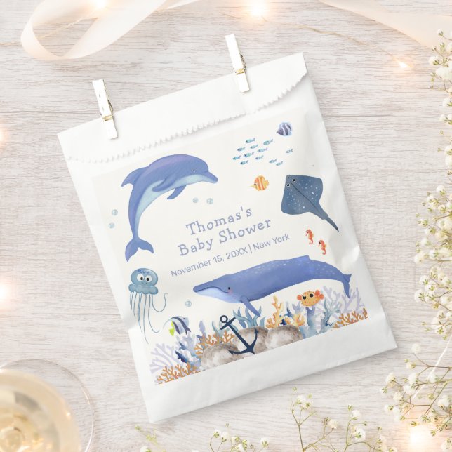 Blue Rustic Ocean Dolphin Whale Boy Baby Shower  Favour Bags (Clipped)