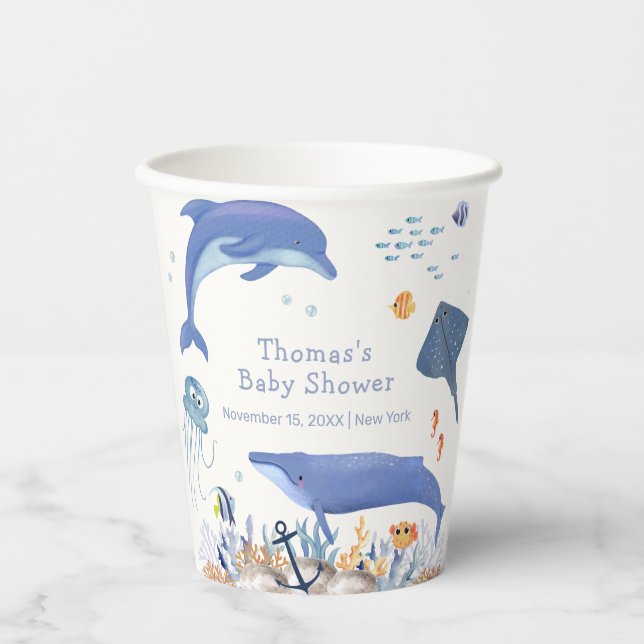 Blue Rustic Ocean Dolphin Whale Boy Baby Shower  Paper Cups (Front)