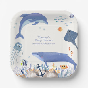 Blue Rustic Ocean Dolphin Whale Boy Baby Shower  Paper Plate